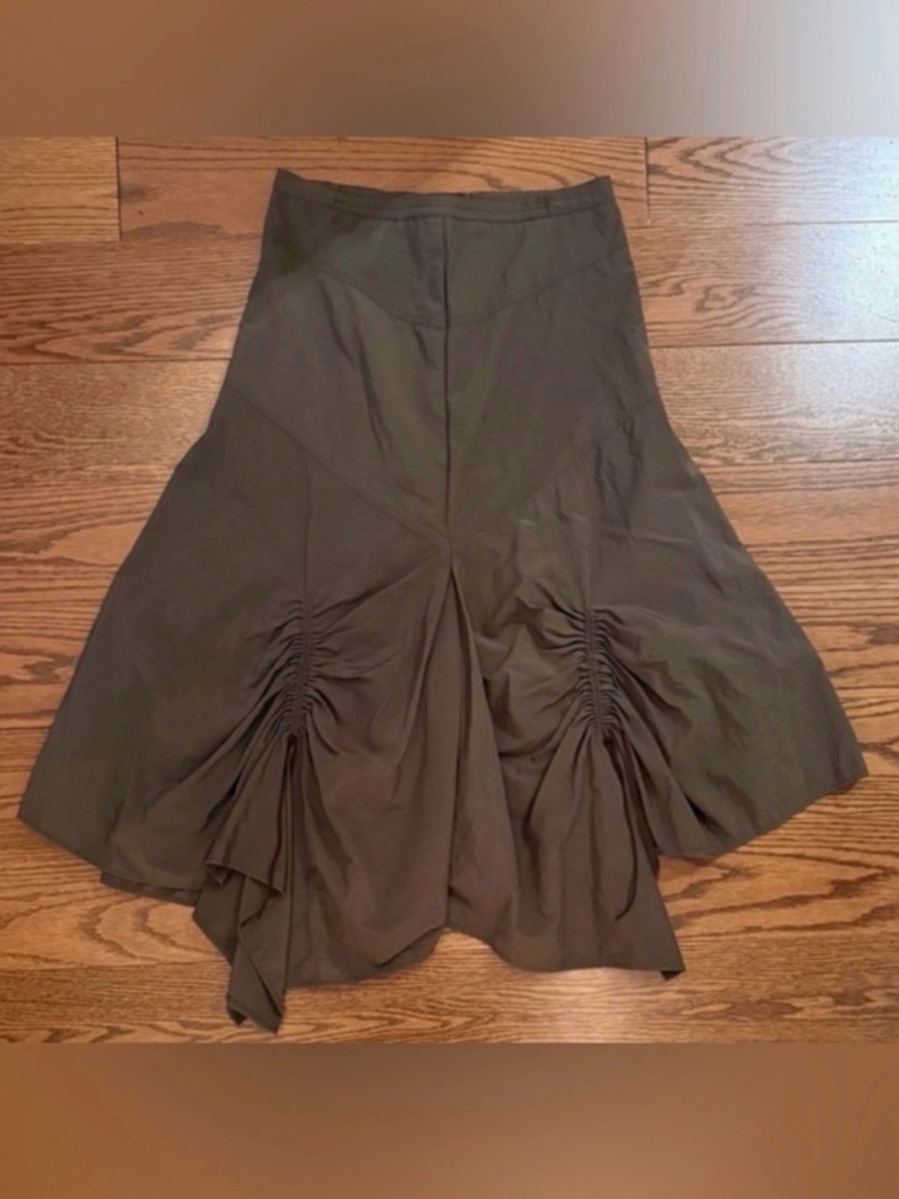 Hannah Dark Olive Asymmetrical Gathered Flare Skirt
